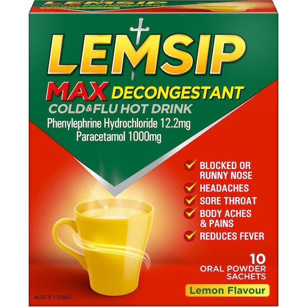 Lemsip Max Cold and Flu With Decongestant Lemon Hot Drink 10 Pack
