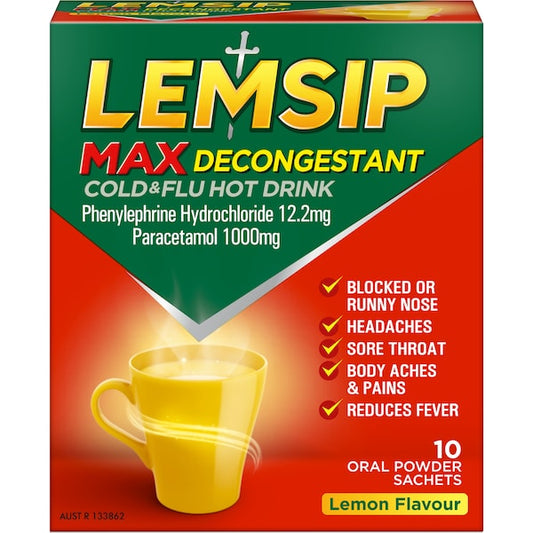 Lemsip Max Cold and Flu With Decongestant Lemon Hot Drink 10 Pack
