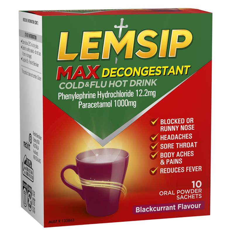 Lemsip Max Cold & FLu with Decongestant Blackcurrent Hot Drink 10