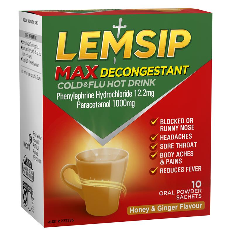 Lemsip Max Cold & FLu with Decongestant Honey & Ginger Hot Drink 10