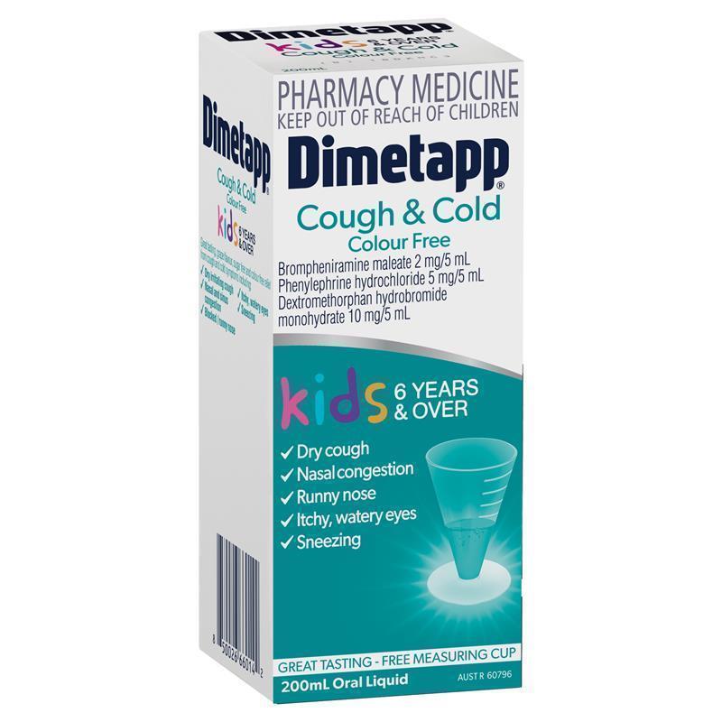 Dimetapp Kids 6+ Cough & Cold Colour Free Syrup 200mL