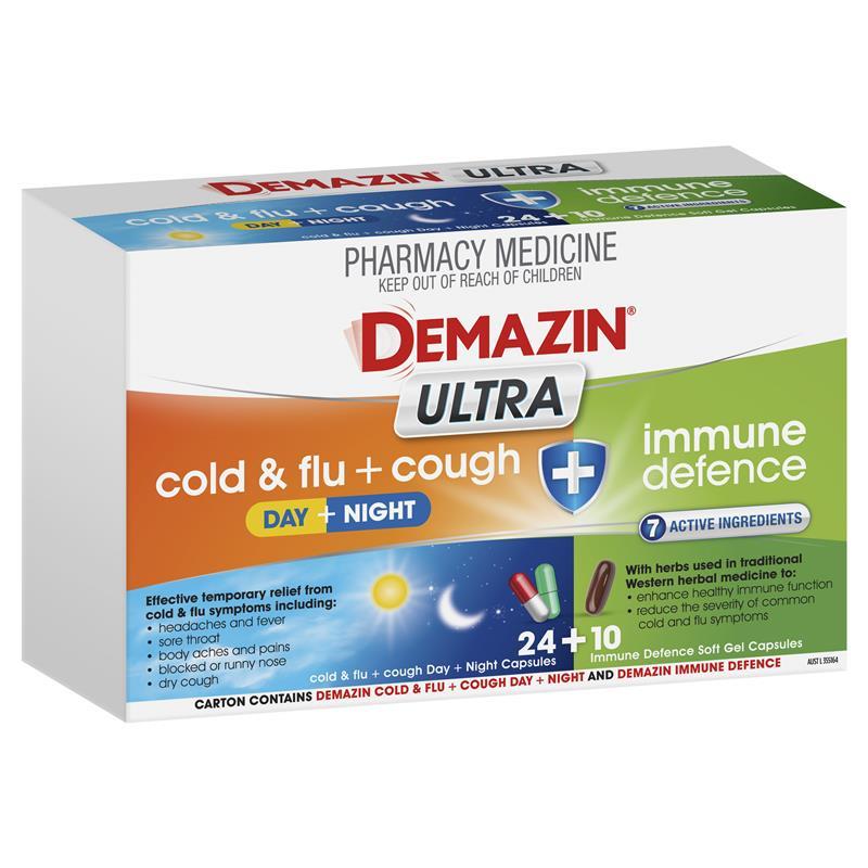 Demazin Ultra Cough Cold & Flu 24 + Immune Defence Capsules 10