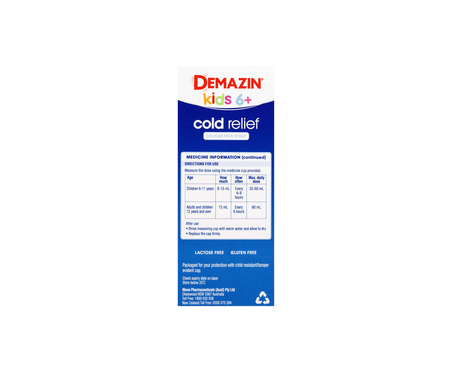 Demazin Kids 6+ Cold Relief Colour Free Syrup 200mL