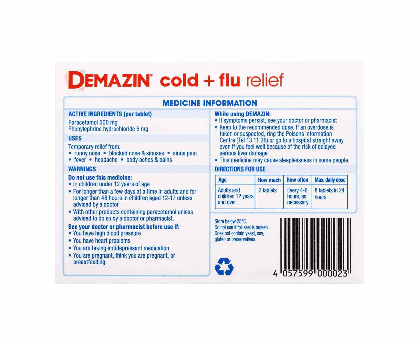 Demazin PE Cold and Flu Relief Tablets 48