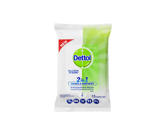 Dettol 2 in 1 Hands & Surfaces Anti-bacterial Wipes 15 Wipes