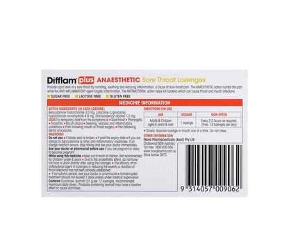 Difflam Plus Anaesthetic Honey & Lemon Sugar Free Lozenges 16