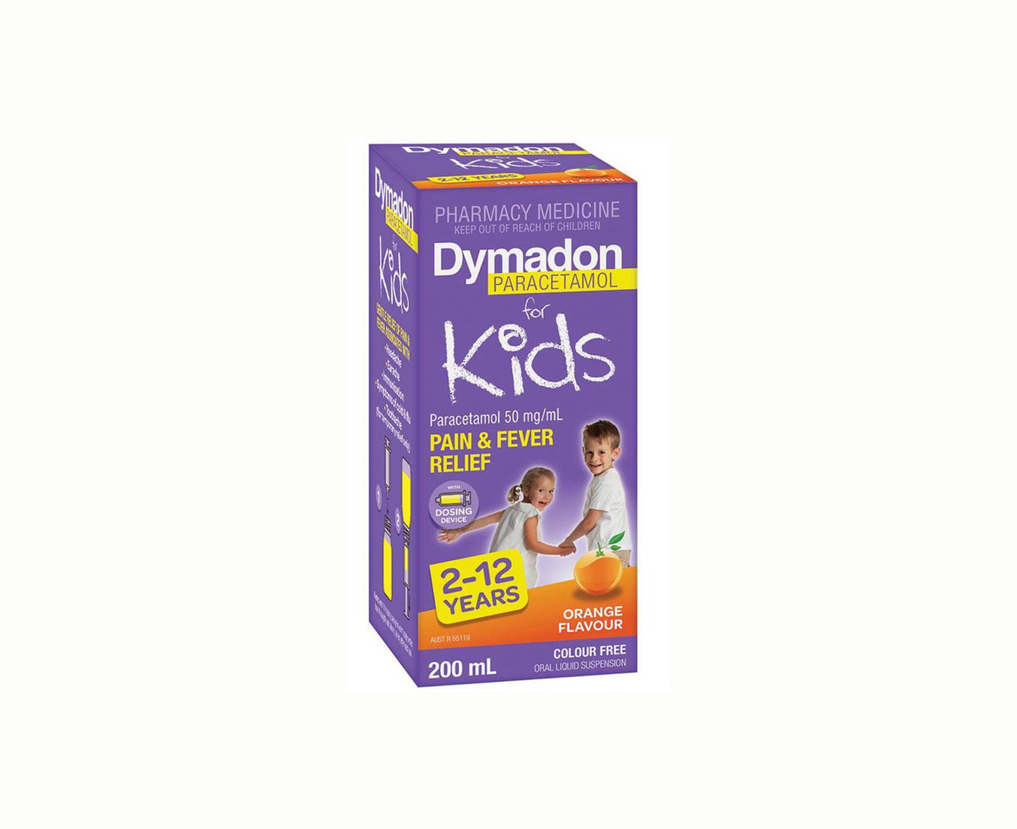 Dymadon Paracetamol for Kids 2-12 Years Pain and Fever Relief Orange Flavour Oral Liquid 200mL