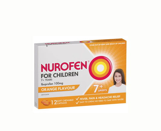 Nurofen for Children 7+ Years Pain and Fever Relief Orange Flavour 12 Chewable Capsules