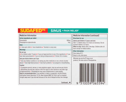 Sudafed PE Sinus and Pain Relief Tablets 24