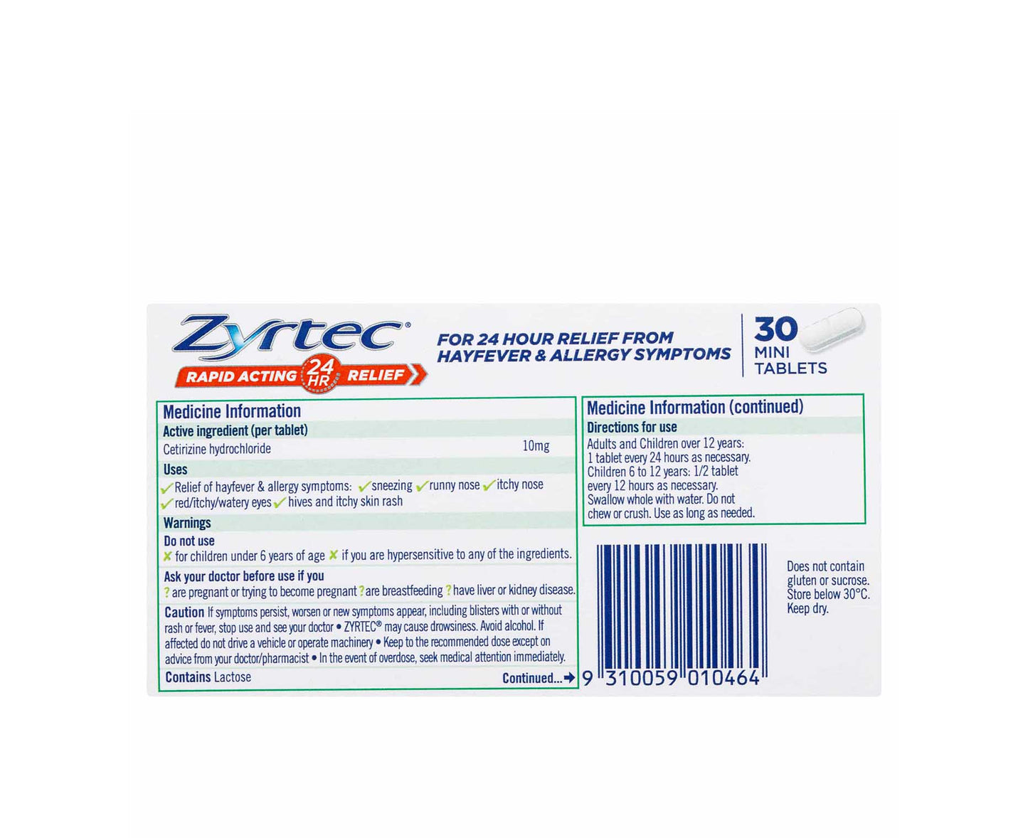 Zyrtec 10mg Tablets 30