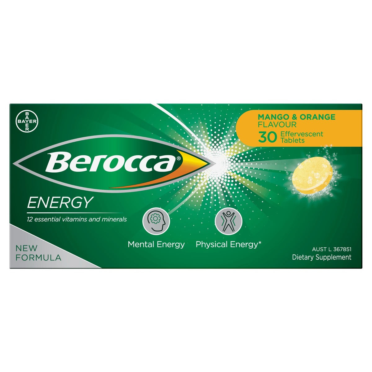 Berocca Energy Effervescent Tablets Orange & Mango 30