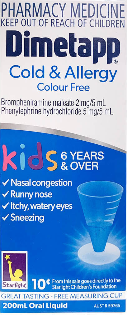 Dimetapp Kids 6 years & Over Cold & Allergy Colour Free Oral Liquid 200mL