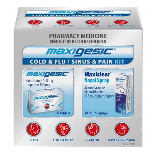 Maxigesic Cold & Flu 12 Tablets + Maxiclear Nasal Spray 10mL Kit